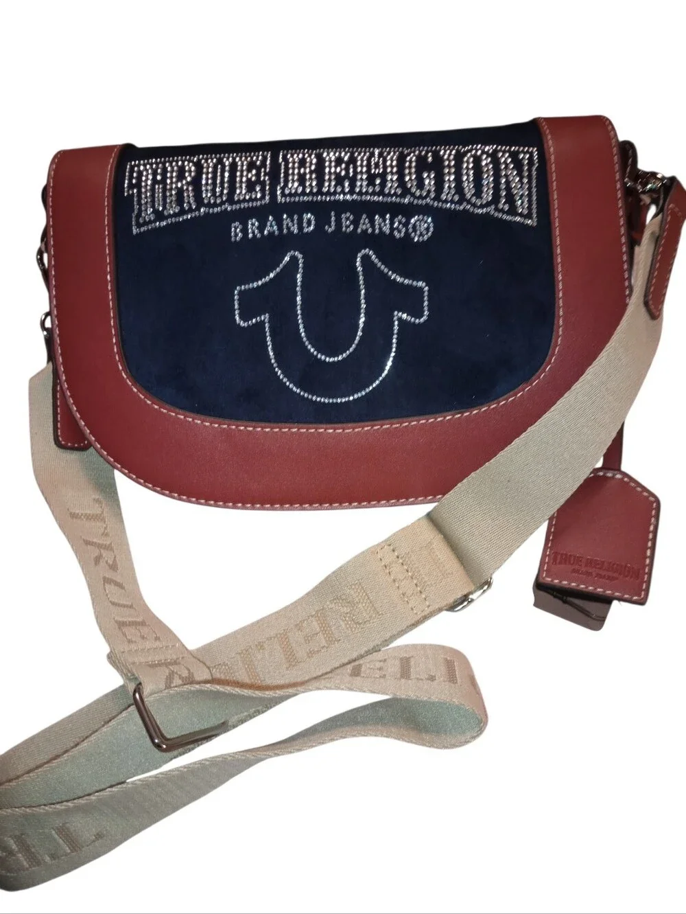 True Religion Navy Suede and Red Leather Crossbody with Beige Strap, NWT
